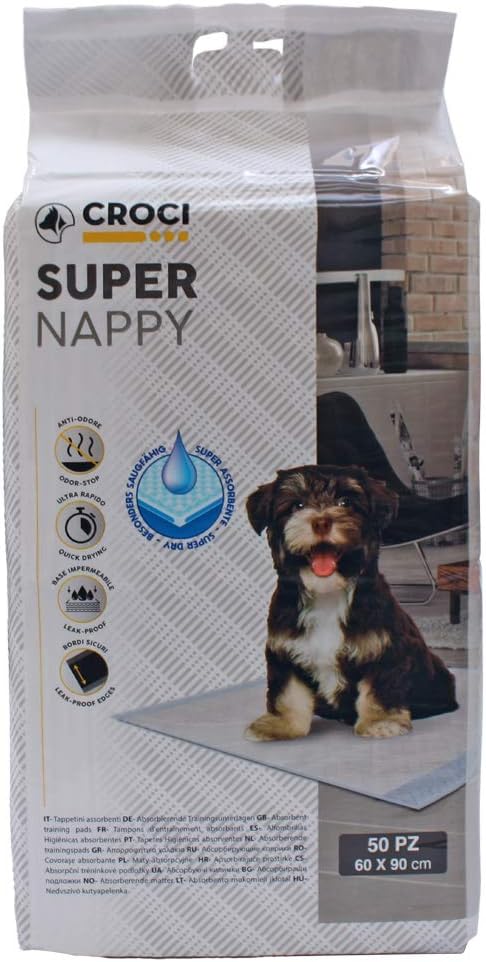 Croci Super Nappy - Tappetini Igienici per Cani 60X90 cm 50 Pezzi - Traverse Cani e Animali Domestici, per Pipi Cane e Gatto Ultra Assorbenti Usa e Getta, Antistrappo e Antiodore