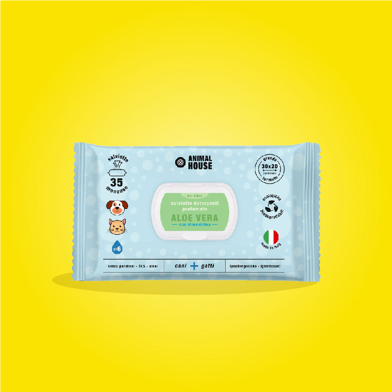 SALVIETTE  ANINAL HOUSE PER CANI E GATTI MAXI BIODEGRADABILI 35 PZ ALOE CON CLOREXIDINA