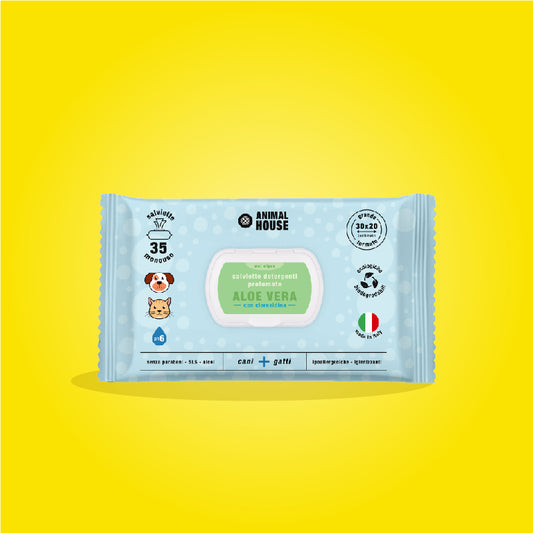 SALVIETTE  ANINAL HOUSE PER CANI E GATTI MAXI BIODEGRADABILI 35 PZ ALOE CON CLOREXIDINA