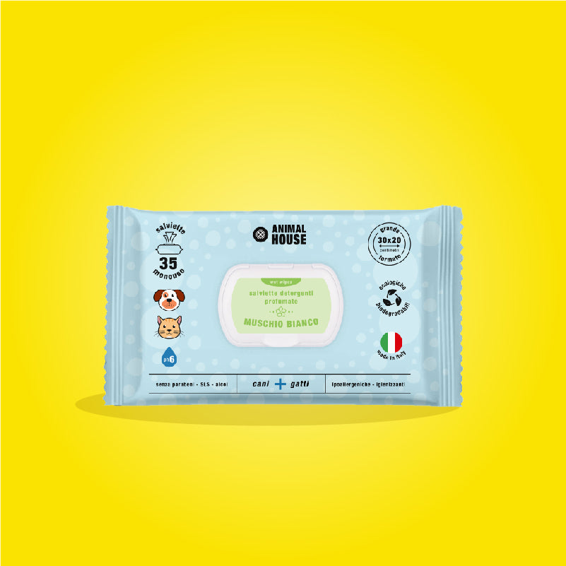 SALVIETTE MAXI  ANINAL HOUSE PER CANI E GATTI BIODEGRADABILI 35 PZ MUSCHIO BIANCO