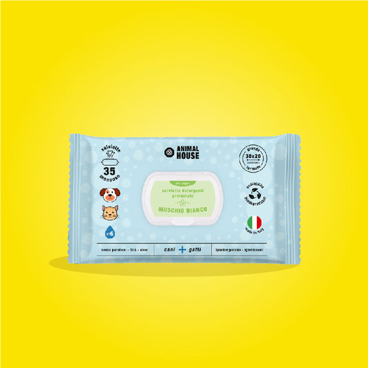 SALVIETTE MAXI  ANINAL HOUSE PER CANI E GATTI BIODEGRADABILI 35 PZ MUSCHIO BIANCO