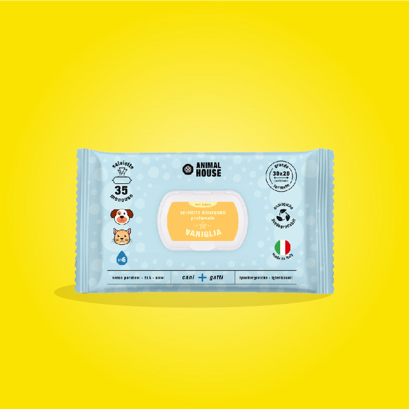 SALVIETTE MAXI  ANINAL HOUSE PER CANI E GATTI BIODEGRADABILI 35 PZ VANIGLIA